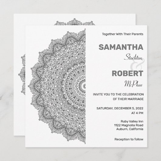 Chic Faire-part de mariage Mandala noir et blanc (Devant / Derrière)
