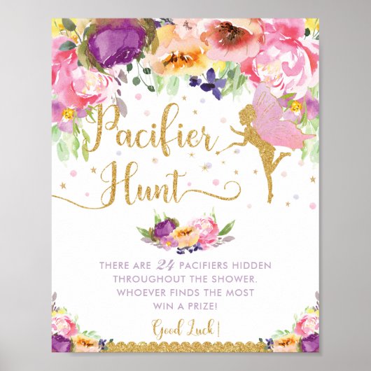 Chic Fairy Paars Pink Floral Pacifier Hunt Game Poster (Voorkant)