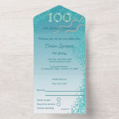 Chic Falling Blauwgroen Blue Glitter 100e verjaard All In One Uitnodiging (Binnen)
