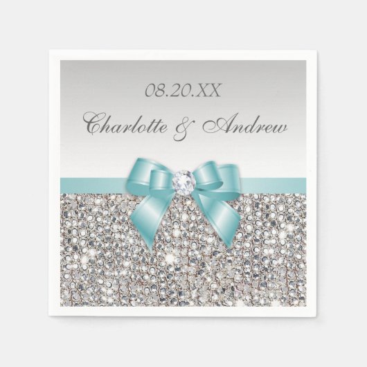 Chic Faux Blauwgroen Bow Silver Sequins Huwelijk Servetten (Voorkant)