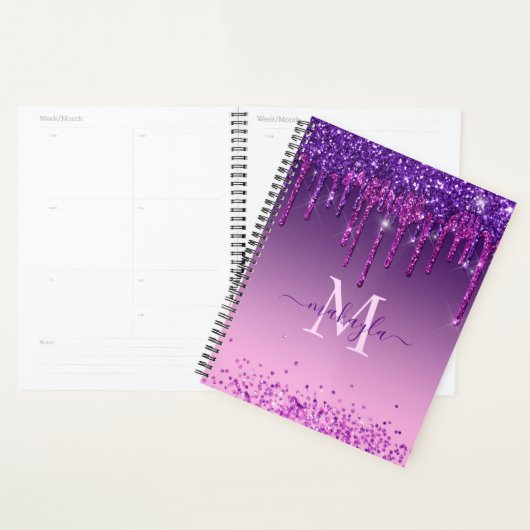 Chic Faux Dark Paars Glitter Drift Monogram Naam Planner (Display)