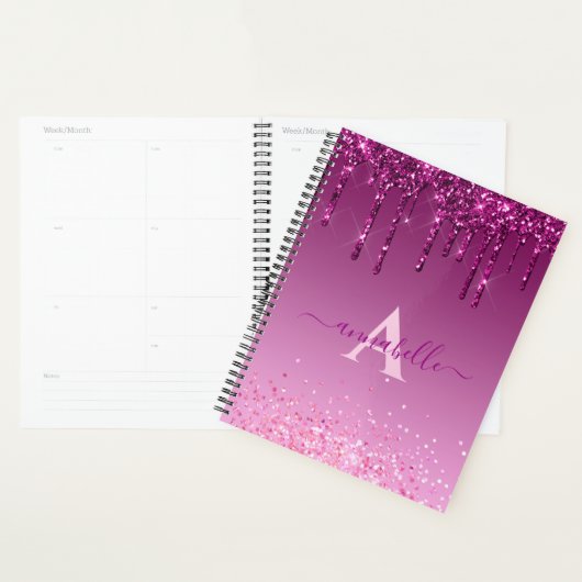 Chic Faux Dark Pink Glitter Drift Monogram Naam Planner (Display)