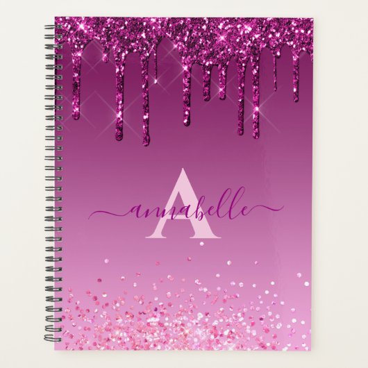 Chic Faux Dark Pink Glitter Drift Monogram Naam Planner (Voorkant)