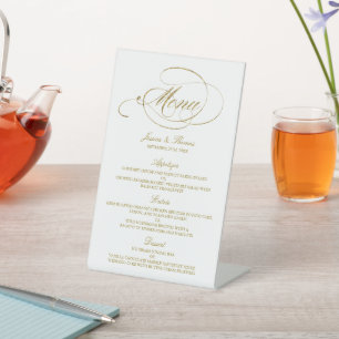Chic Faux Gold Foil Wedding Menu Sjabloon Reclamebord Met Voetstuk