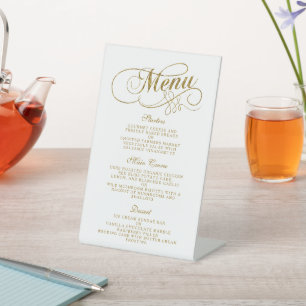 Chic Faux Gold Foil Wedding Menu Sjabloon Reclamebord Met Voetstuk