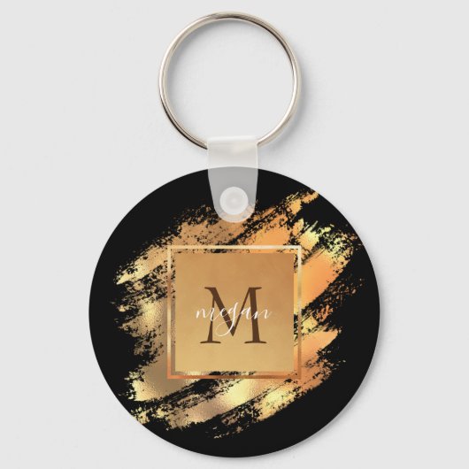 Chic Faux Gold Glam Brushstroke Monogramed Sleutelhanger (Voorkant)