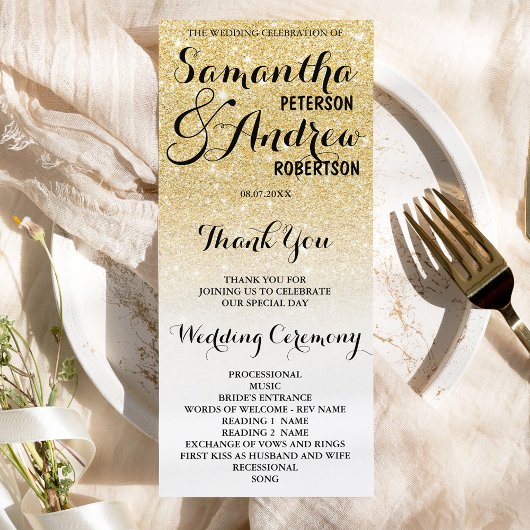 Chic faux gold glitter ombre Wedding Programme Programma
