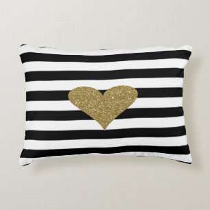 Chic Faux Gold Glittery Heart Black White Stripes Accent Kussen