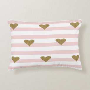 Chic Faux Gold Glittery Hearts Pink Stripes Accent Kussen