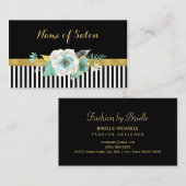 Chic Faux Gold Mint Flowers Black Stripes Salon Visitekaartje (Voorkant / Achterkant)