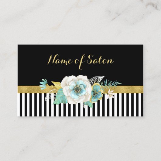 Chic Faux Gold Mint Flowers Black Stripes Salon Visitekaartje (Voorkant)