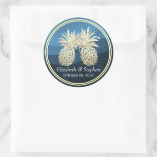 Chic Faux Gold Pineapple Couple Blue Wave Wedding Ronde Sticker