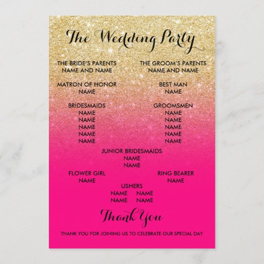 Chic faux goud glitter hete roze bruiloft programm programma (Achterkant)