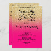Chic faux goud glitter hete roze bruiloft programm programma (Voorkant / Achterkant)