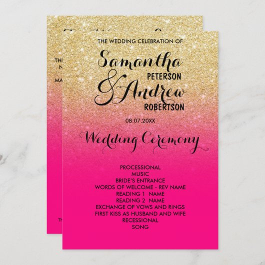 Chic faux goud glitter hete roze bruiloft programm programma (Voorkant / Achterkant)