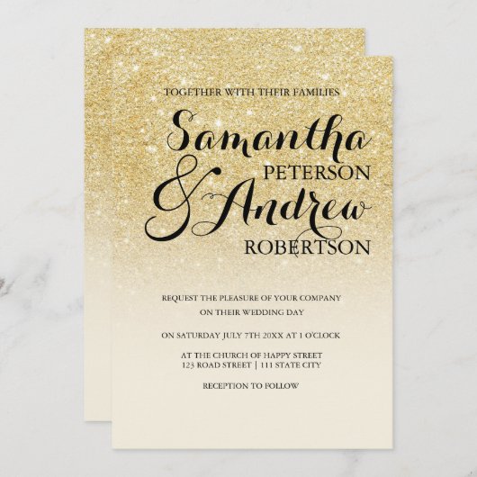 Chic faux goud glitter ivoor off witte bruiloft kaart (Voorkant / Achterkant)