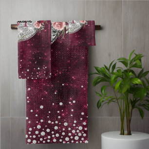 Chic faux paillettes argent monogramme floral bord