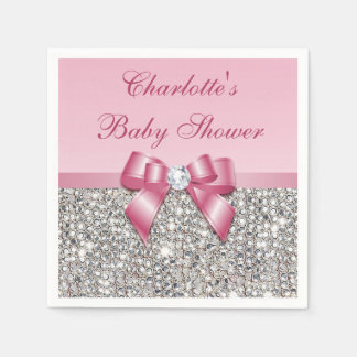 Chic Faux Pink Bow Silver Sequins Baby shower Servetten