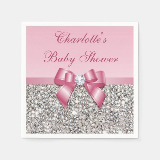 Chic Faux Pink Bow Silver Sequins Baby shower Servetten (Voorkant)