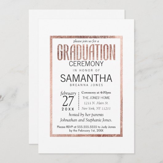 Chic Faux Roos Gold Afstuderen Uitnodiging (Voorkant / Achterkant)