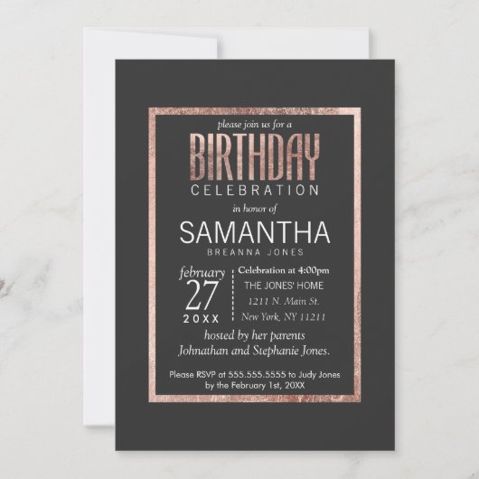 Chic Faux Rose Gold Anniversaire Invitations (Devant)