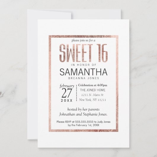 Chic Faux Rose Gold Sweet 16 Invitations (Devant)