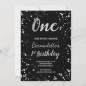 Chic faux Silver confetti splatters first Birthday Kaart (Voorkant)