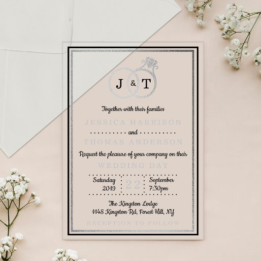 Chic Faux Silver Foil Monogram Weddenschappen Acryl Uitnodigingen