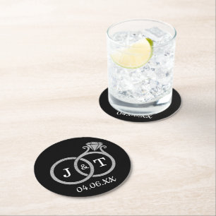 Chic Faux Silver Foil Monogram Weddenschappen Ronde Kartonnen Onderzetter