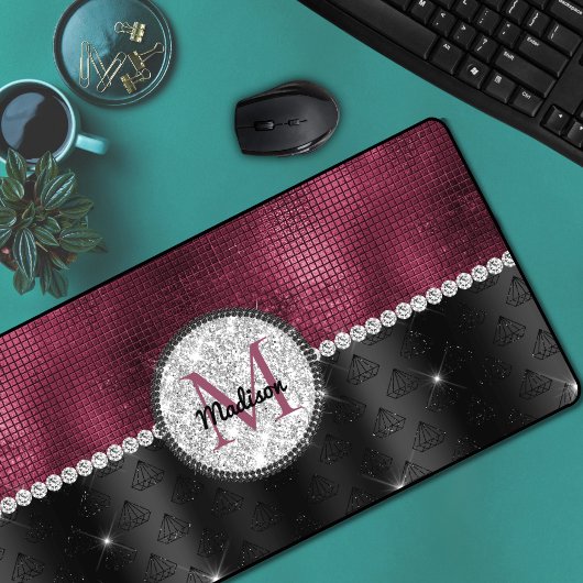 Chic faux Silver Glitter Burgundy Black monogram Bureaumat