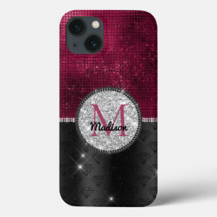 Chic faux Silver Glitter Burgundy Black monogram iPhone 13 Hoesje