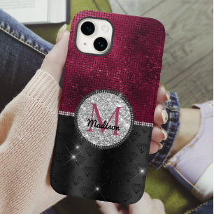 Chic faux Silver Glitter Burgundy Black monogram Case-Mate iPhone 14 Hoesje