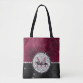 Chic faux Silver Glitter Burgundy Black monogram Draagtas (Voorkant)