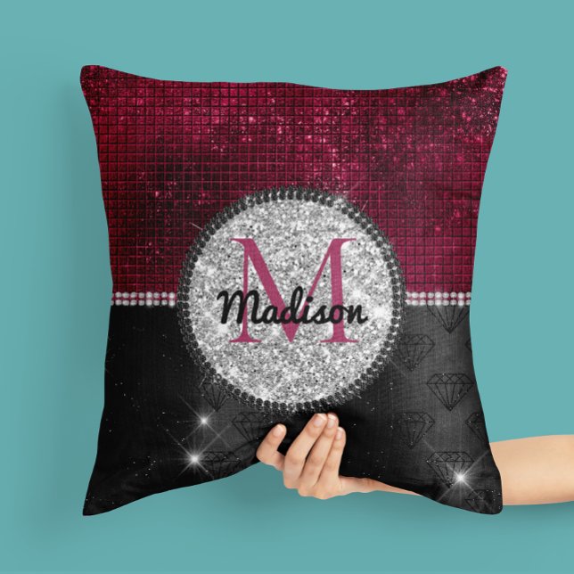 Chic faux Silver Glitter Burgundy Black monogram Kussen (Creator heeft geüpload)