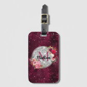 Chic faux Silver Glitter Burgundy Floral monogram Bagagelabel (Voorkant (verticaal))