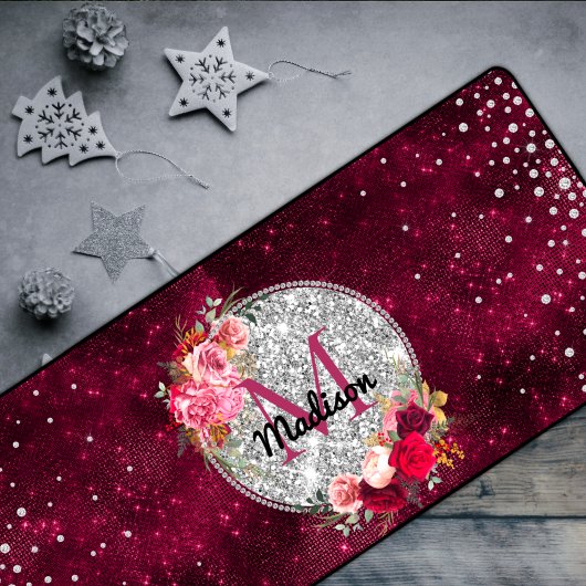 Chic faux Silver Glitter Burgundy Floral monogram Bureaumat