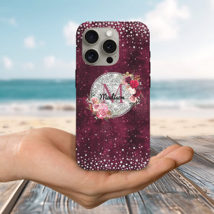 Chic faux Silver Glitter Burgundy Floral monogram iPhone 16 Pro Hoesje