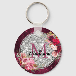 Chic faux Silver Glitter Burgundy Floral monogram Sleutelhanger