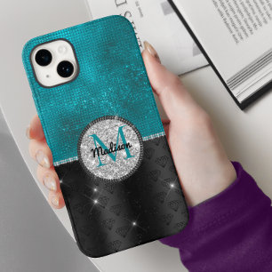 Chic faux Silver Glitter Turquoise Black monogram Case-Mate iPhone 14 Hoesje