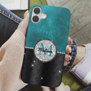 Chic faux Silver Glitter Turquoise Black monogram iPhone 16 Hoesje