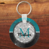 Chic faux Silver Glitter Turquoise Black monogram Sleutelhanger (Voorkant)