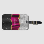 Chic faux zilverglitter Fuchsia zwart monogram Bagagelabel (Voorkant (horizontaal))