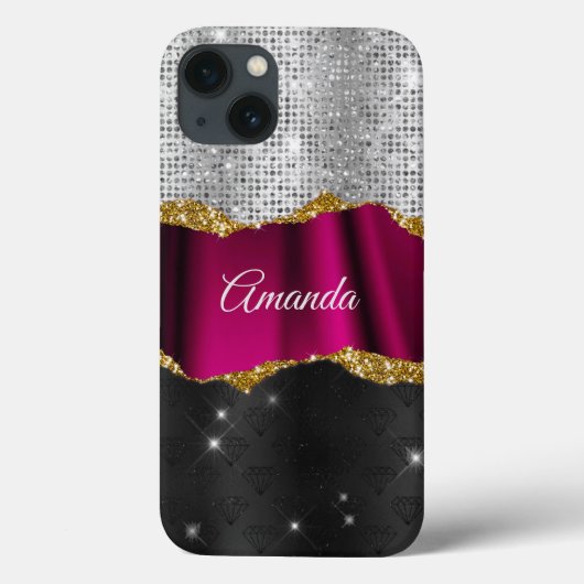 Chic faux zilverglitter Fuchsia zwart monogram Case-Mate iPhone Case (Achterkant)