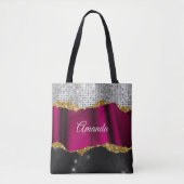 Chic faux zilverglitter Fuchsia zwart monogram Draagtas (Voorkant)
