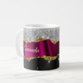 Chic faux zilverglitter Fuchsia zwart monogram Koffiemok (Voorkant links)