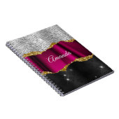 Chic faux zilverglitter Fuchsia zwart monogram Notitieboek (Rechterzijde)