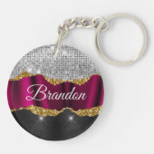 Chic faux zilverglitter Fuchsia zwart monogram Sleutelhanger (Achterkant)