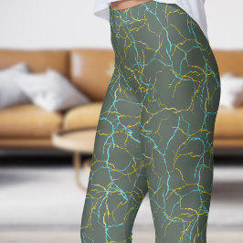 Chic Feldgrau en Blauw Geel Fractuur Patroon Leggings