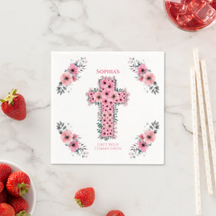 Chic First Heilige Commune Cross Girl Pink Flower Servet