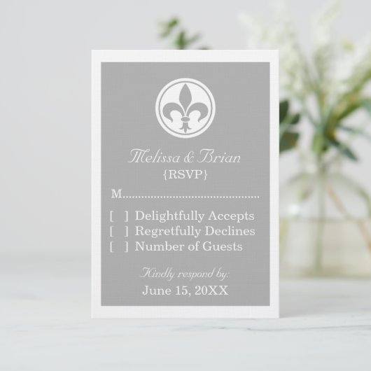 Chic Fleur De Lis Response Kaart, grijs RSVP Kaartje (Staand voorkant)